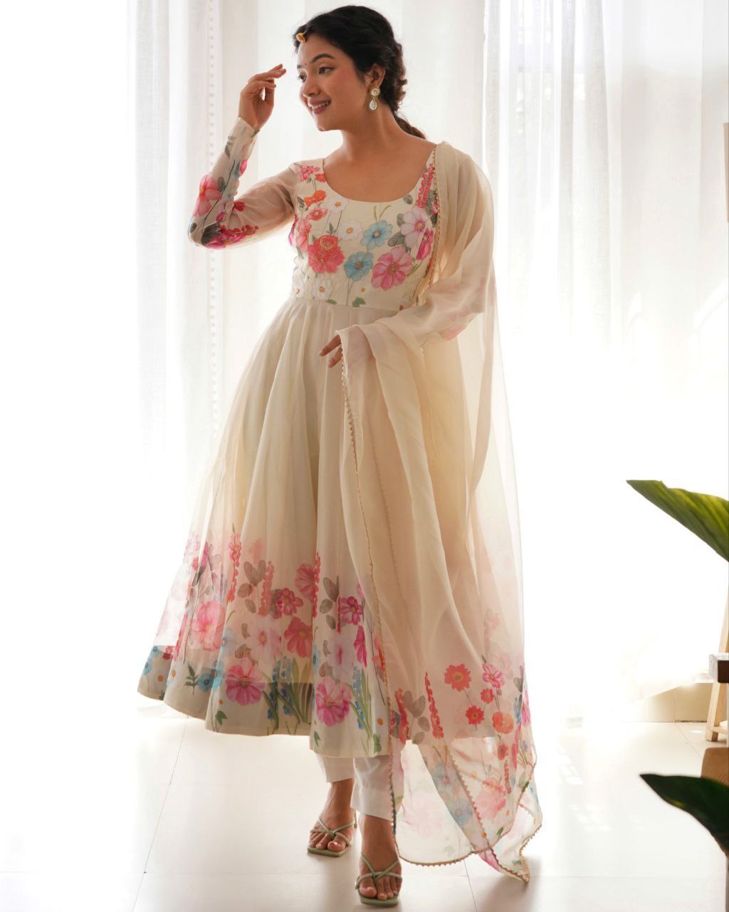 Ready To Wear Soft Organza Silk Floral Print And Hand Work Anarkali Suit With Dupatta