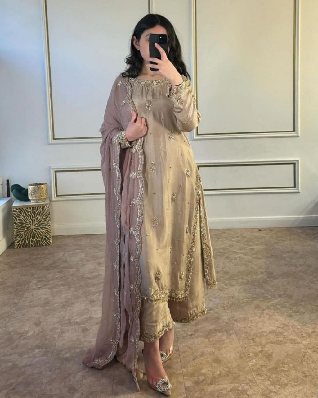 Beautiful Chinon Silk With Fancy Embroidery Thread Work Plazo Suit With Dupatta