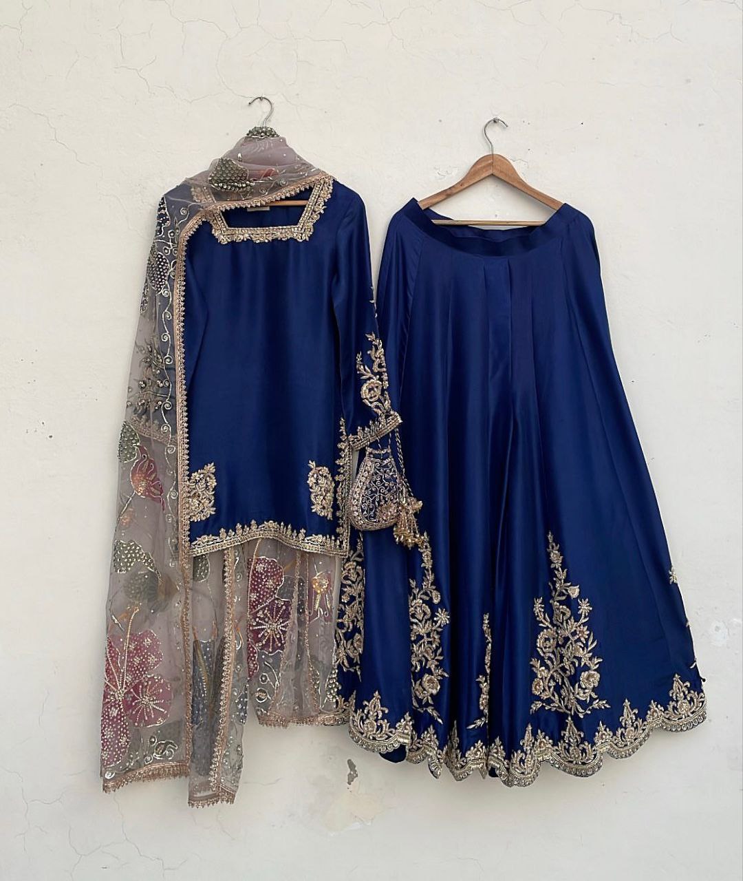 Ready To Wear Blue , Red & White Chinon Silk Embroidery Work Sharara Suit With Dupatta