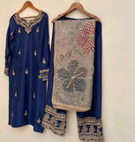 Ready To Wear Blue & Black Chinon Silk Embroidery Work Salwar Suit With Dupatta