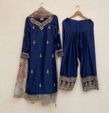 Ready To Wear Blue & Black Chinon Silk Embroidery Work Salwar Suit With Dupatta