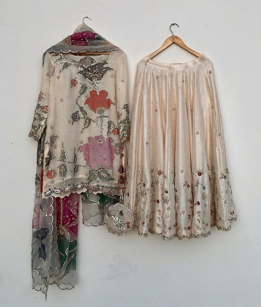 Ready To Wear Ivory Chinon Silk Embroidery Work Sharara Suit With Dupatta