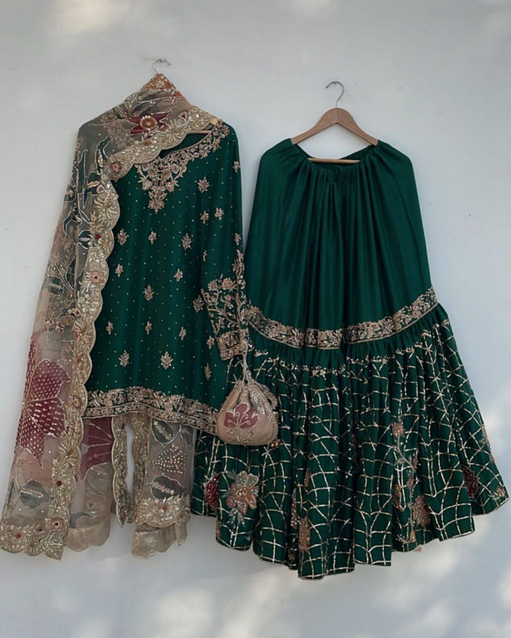 Ready To Wear Dark Green Chinon Silk Embroidery Work Gharara Suit With Dupatta