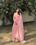 Exclusive Peach & Red Georgette Embroidery Work Anarkali Gown With Dupatta